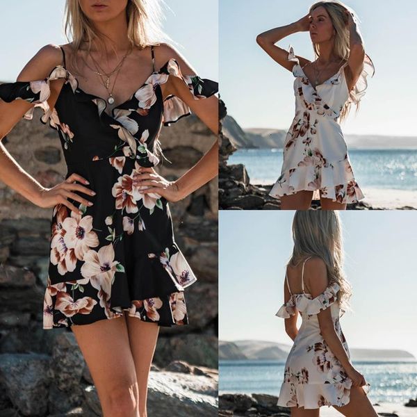 

women dress 2018 summer off shoulder floral print chiffon dress boho style short party beach dresses vestidos de fiesta, Black;gray