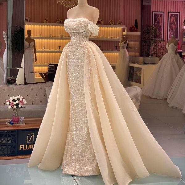 

2022 champagne mermaid evening dress with detachable train beading prom gowns lace sequin off the shoulder dresses formal wear, Black;red