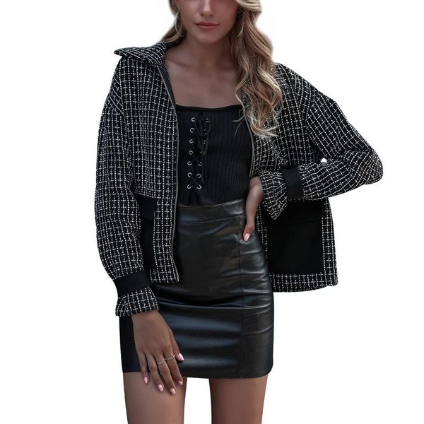 

autumn winter women fashion plaid print jacket casual long sleeve patchwork zipper loose lapel coat with pockets casual jacket, Black