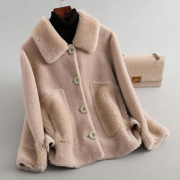 

2020 women winter real fur sheepskin genuine wool coats female turndown collar winter warm sheep shearing jacket outercoat a2301, Black