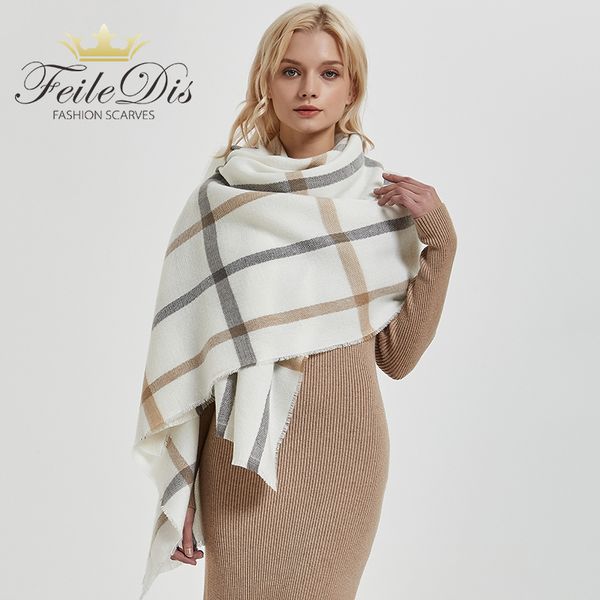 

[feiledis]comfortable wild thick soft plaid big lady sweet scarf warm couple temperament long fresh simple scarf cute knit shawl 201216, Blue;gray