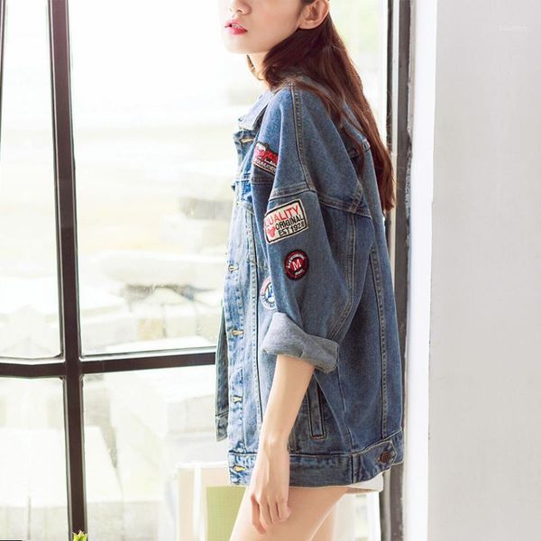 

letter spring fashion cartoon new embroidery long sleeves short loose coat women single breasted loose female denim jackets c2111, Black;brown