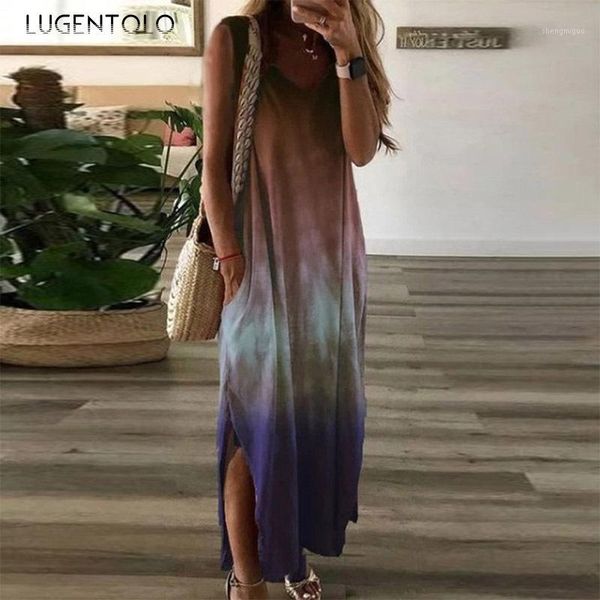 

lugentolo women's casual dress gradient print v-neck sleeveless loose-fit pocket casual female fashion long dress1, Black;gray