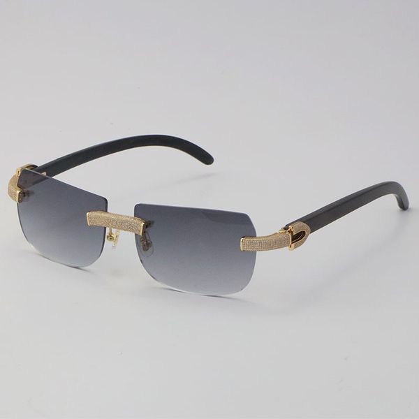 

model 2022 new micro-paved diamond sunglasses original black buffalo horn rimless genuine natural sun glasses gold c decoration male, White;black