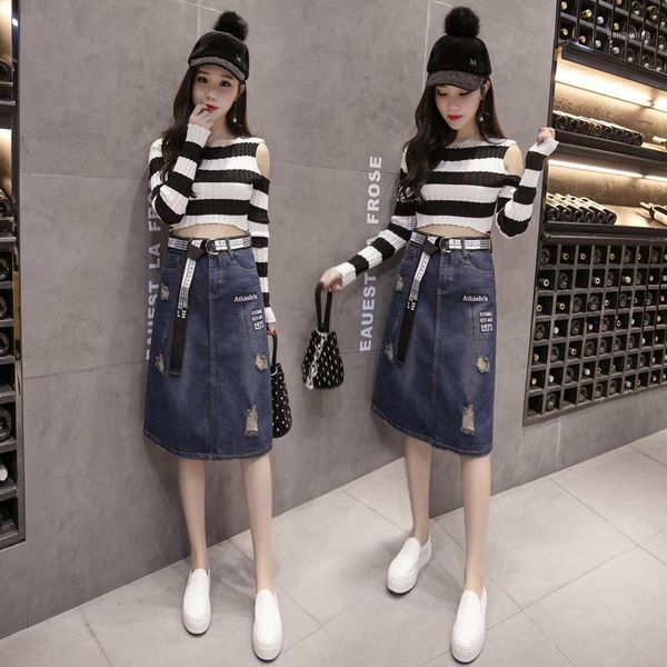 

5xl plus size women's denim skirt 2020 summer new korean version of the a-line skirt in the casual letter split hole1, Black