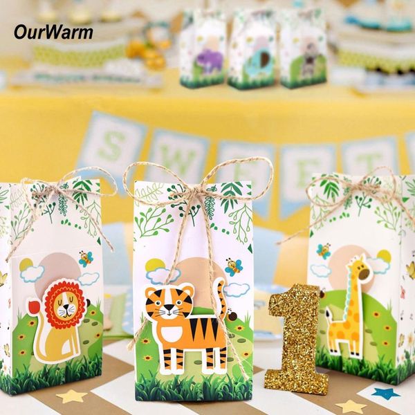 

ourwarm 12pcs safari animals party paper candy gift bags box with burlap jungle favor kids gifts baby birthday party decoration jllpkm
