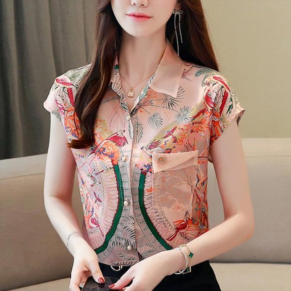 

chiffon shirt shorts sleeve 2020 summer new blusas womens loose plus size printed women blouse korean fashion clothing 615a, White