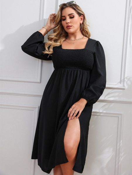 

plus knot back shirred split thigh dress s18j#, Black