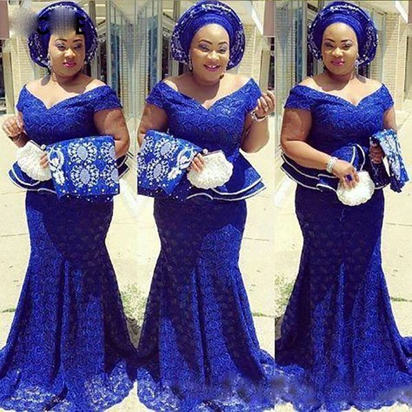 Königsblaue nigerianische Abendkleider mit Spitze für Frauen, schulterfrei, Südafrika, formelle lange Meerjungfrau-Abschlussballkleider in Übergröße