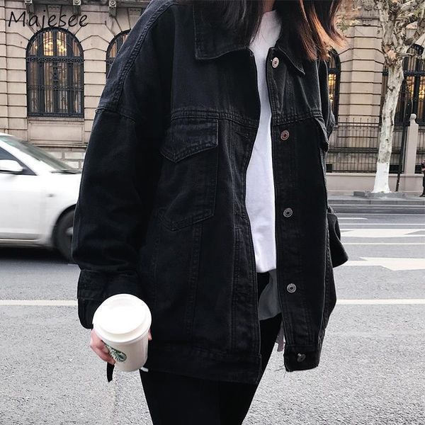 

denim jacket women black solid simple all match casual loose slim womens jackets and coats harajuku bf vintage streetwear chic, Black;brown