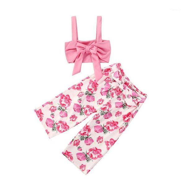 

clothing sets kids girls fashion 2-piece outfit set sleeveless solid color and floral print pants set1, White