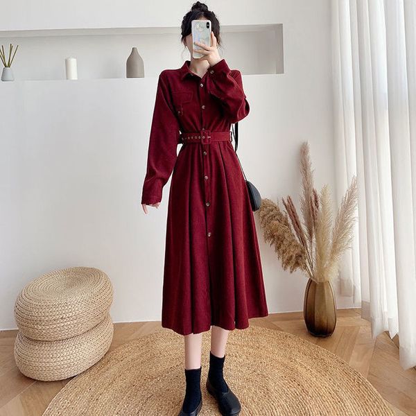 

qweek midi corduroy dress women elegant office ladies xxl plus size dresses for women autumn french vintage long sleeve dress y0118, Black;gray