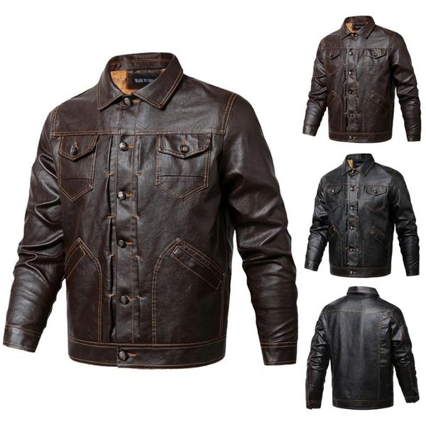 

men's fur & faux drop casual plus size fashion autumn winter vintage zipper pure color imitation leather coat ma, Black