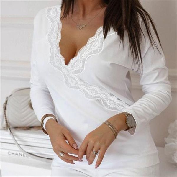 

women blouses autumn long sleeve shirt lace v-neck shirt casual blouse solid color blouses womens clothing, White