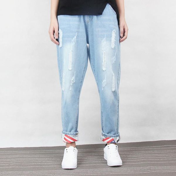 

women's jeans large size 2021 hole vintage loose denim plus blue do old bleched 4xl 5xl ripped ankle-length harem pants