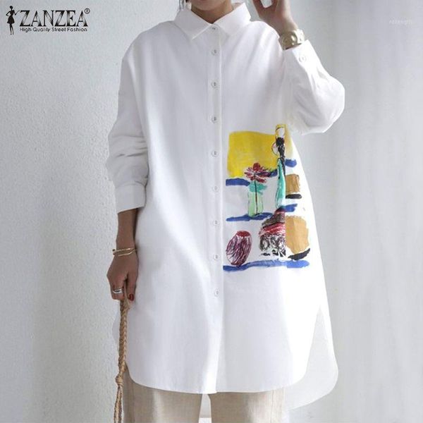 

zanzea elegant stiching printed shirts women's irregular blouse casual long sleeve blusas female lapel button tunic plus size1, White