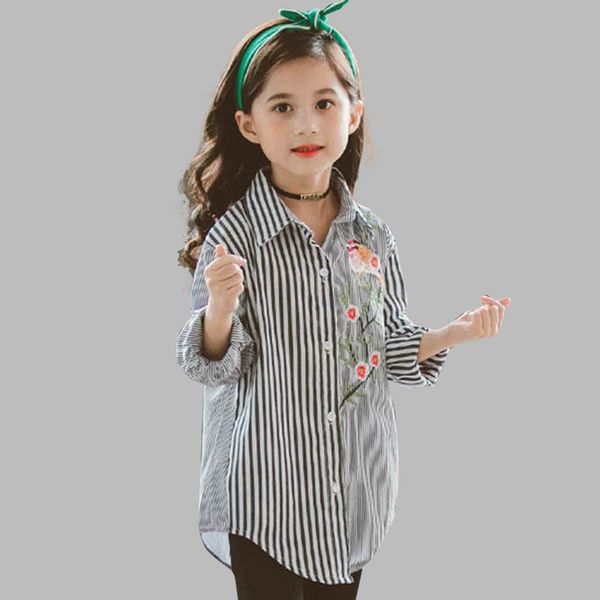

shirt for girls striped patchwork girl blouse fashion embroidery kids blouse for girls autumn novelty clothes for girls school y200704, White;black