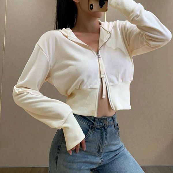 

women's sweaters women double zipper long sleeve crop sweatshirt solid color slim hoodie coat coa, White;black