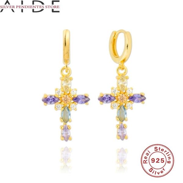 

aide 925 sterling silver diamond cross pendant earrings women fashion luxury purple colored dangle drop earrings korean jewelry