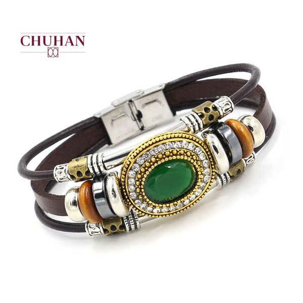 

charm bracelets chuhan retro bracelet women's national style leather rope beaded stainless steel buckle accessories c404, Golden;silver
