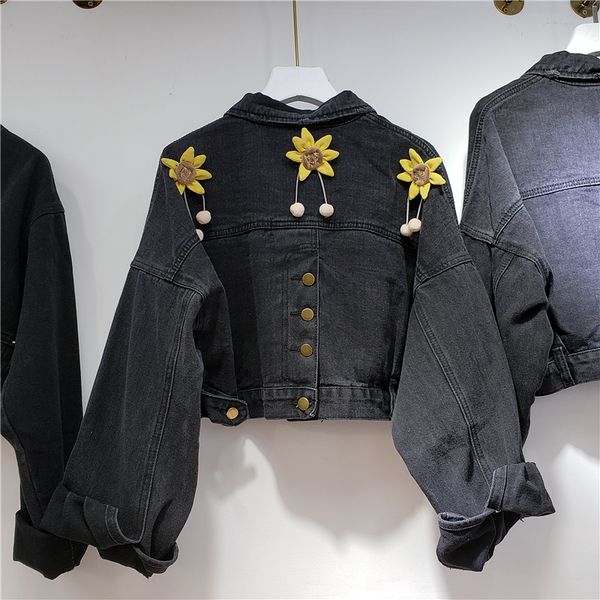 

womens jean jackets and coats autumn new personality flower pendant denim jacket women's loose-fit-style jacket top, Black