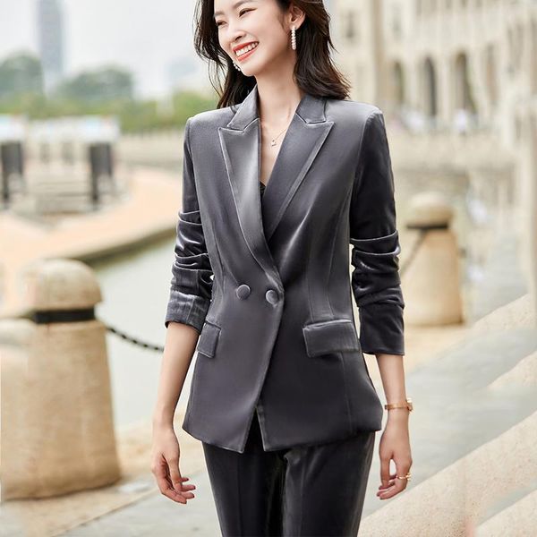 

women's two piece pants lenshin velvet fabric 2 pieces set pleuche pant suit single breasted coat with trouser warn design for office l, White