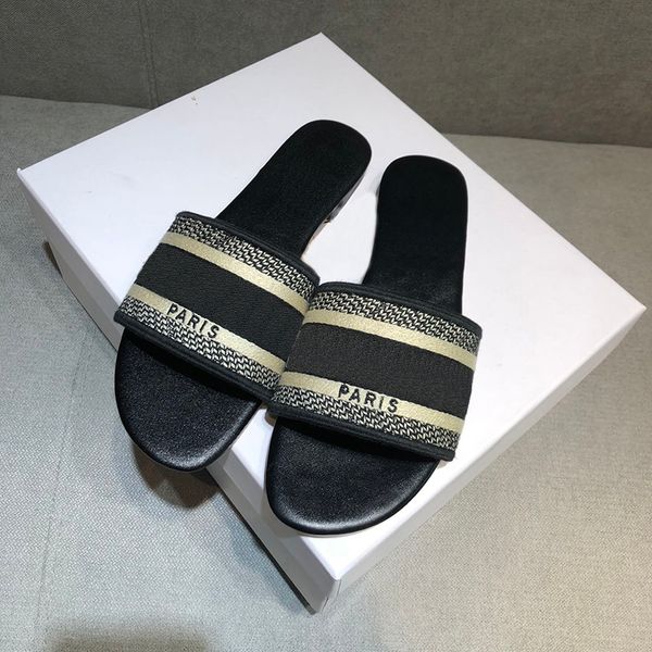 

spring summer new embroidered letters flat bottom one-word slipper's beach casual outside wear sandals and slippers women, Black
