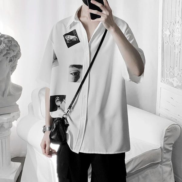 

summer white dress shirt men's fashion print casual short-sleeved shirts mens streetwear wild loose social men shirt -2xl1, White;black