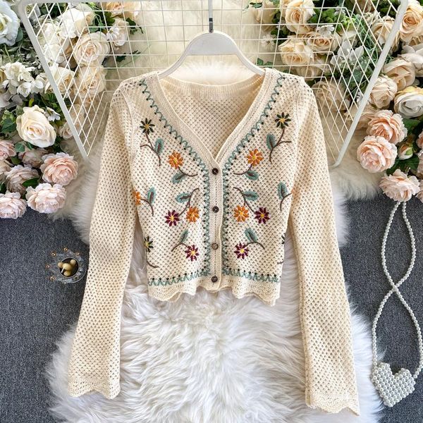 

foamlina new chic knit cardigan korean women's flowers embroidery long sleeve short coat v neck hollow out thin knitting, White