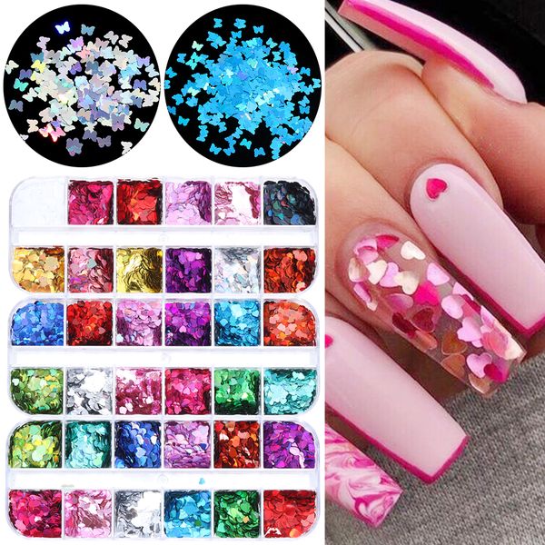 

12 grids/set 3d colorful love heart nail sequins flakes shining paillette holographic laser diy manicure nails art decorations, Silver;gold