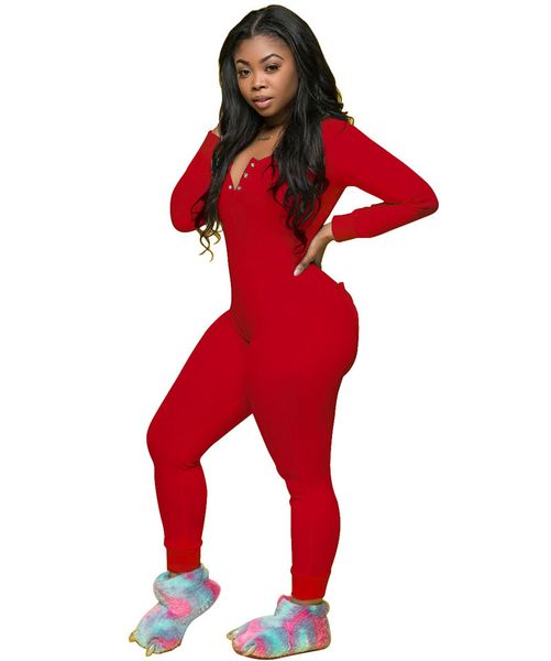 

buttons panelled womens jumpsuits v neck long sleeve long pants womens jumpsuits casual females clothing, Black;white