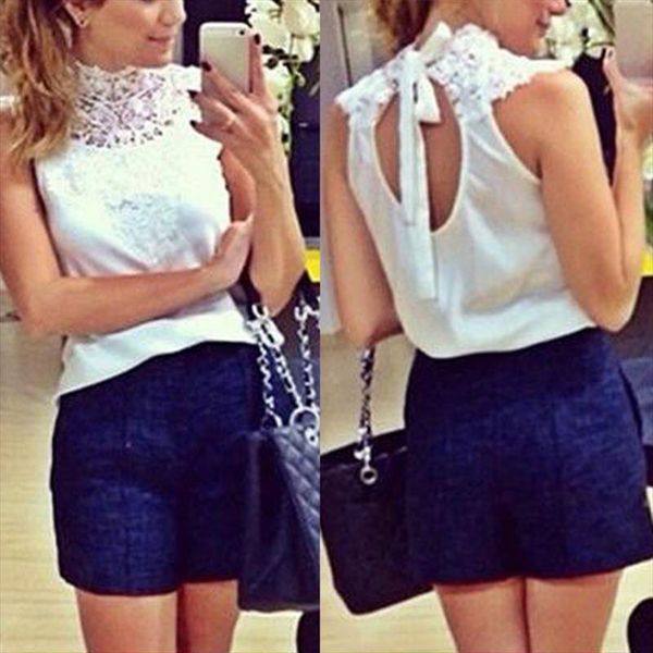 

мода blusas femininas 2021 рубашки вязание крючком винтаж белый размер повседневная без рукавов топы феста женщины кружева backless blouse, White