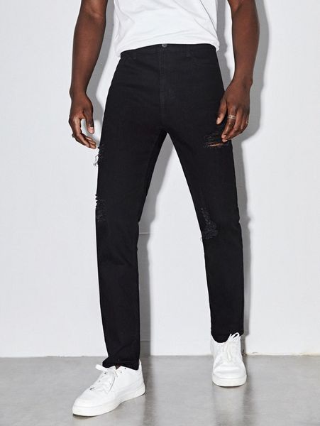 

men ripped slant pocket jeans t839#, Blue