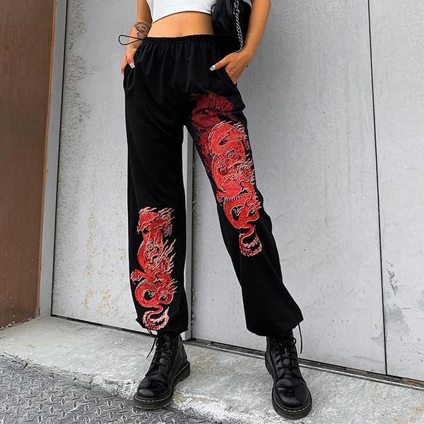 

dragon print baggy sweatpants women casual loose long pants ladies elastic high waist trousers 2020, Black;white