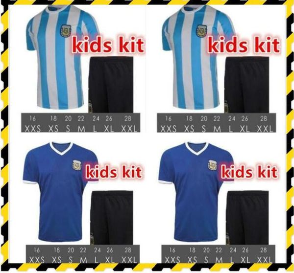 

kids kit maradona argentina retro soccer jerseys 1986 vintage classic child sets football shirts home blue white 86 boys suits, Black;yellow