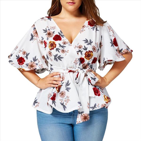 

plus size s 5xl summer women blouse v neck floral print flare sleeve belted surplice peplum and blouse blusas feminina, White