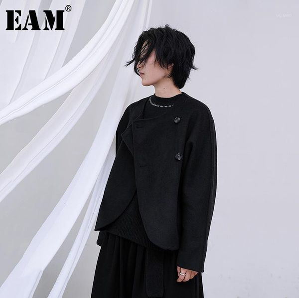 

eam] loose fit black split joint big size short woolen coat parkas new long sleeve women fashion tide autumn winter 2020 1m7431