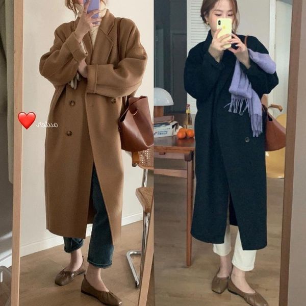 

loose fashion medium and long woolen coat women's style over the knee 2021 new autumn and winter versatile woolen coat, Black