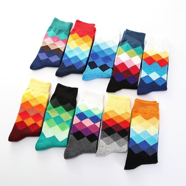 

harajuku colour diamond print pattern cotton socks men's mid-tube hip hop funny socks man british casual street style breathable1, Black