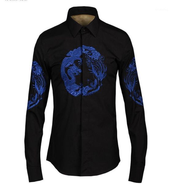 

men's casual shirts minglu men shirt luxury unique dragon and phoenix embroidery mens fashion long sleeve slim fit cotton dress shirts1, White;black