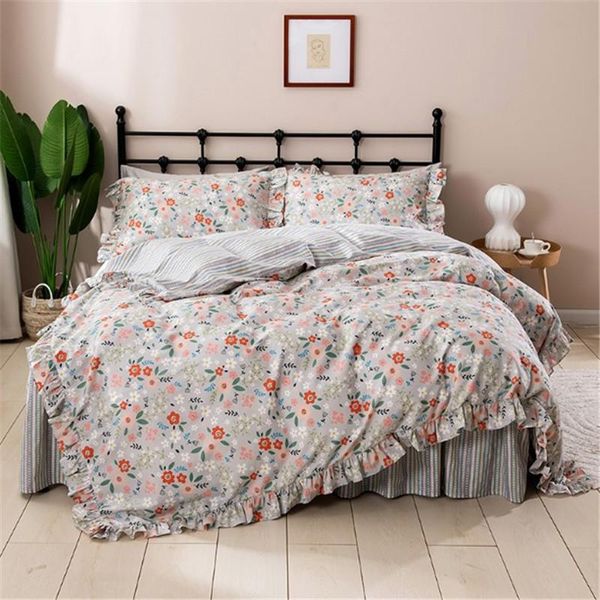 

bedding sets fresh floral pastoral style ruffles skirt-style set princess pure cotton stripe ropa de cama couvre lit duvet cover