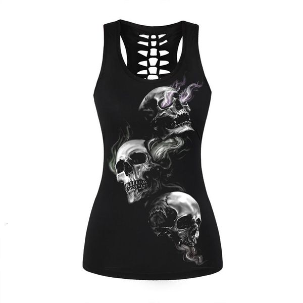 

vintage skull printed women fitness tank gothic punk style o neck sleeveless tee tight vest female sporting clothing, White