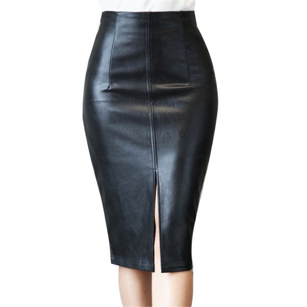 

2021 new venda quente no outono e inverno temperamento cintura alta dividir senhoras busto pu de couro hip saia feminina snjw, Black