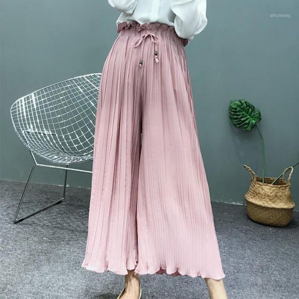 

high waist chiffon wide leg women's pants petal hem ruffled lace up loose straight trousers for women 2020 summer spring skirt1, Black;white