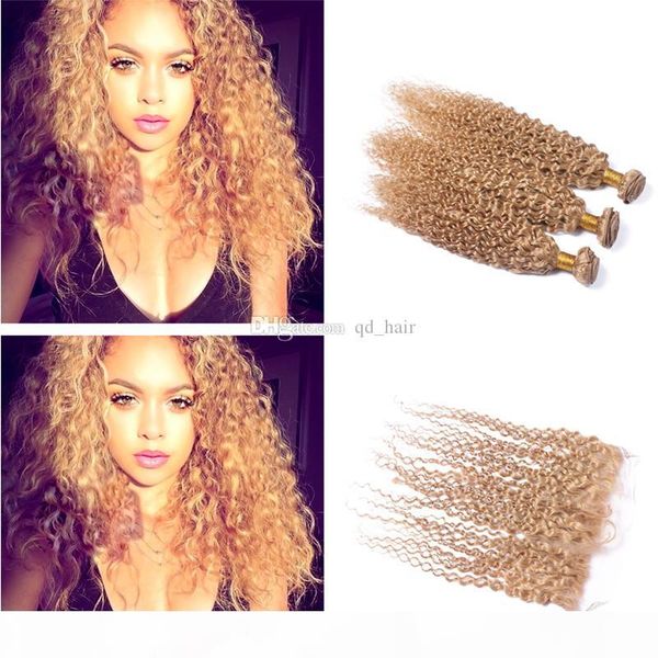 

honey blonde 27 kinky curly hair weaves bundles with frontal 13x4 kinky curly malaysian virgin human hair with ear to ear frontal, Black