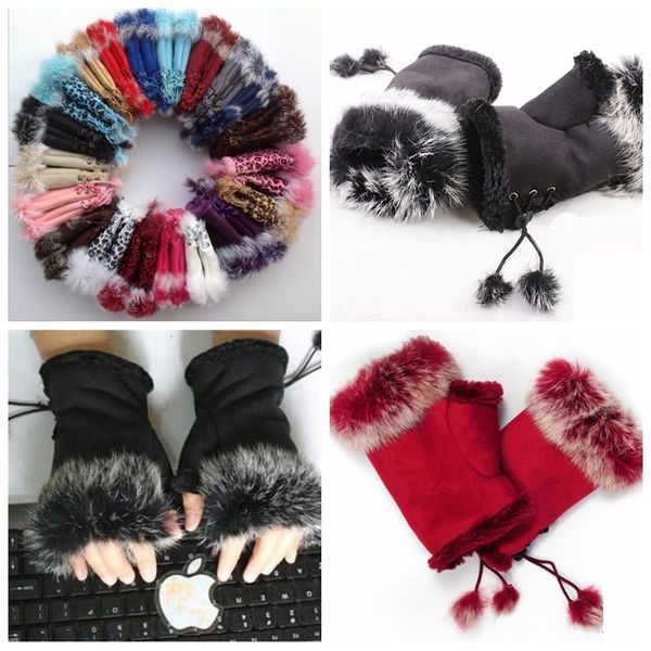 

girl leather rabbit hand warm winter fingerless woman gloves fur 24pcs c402