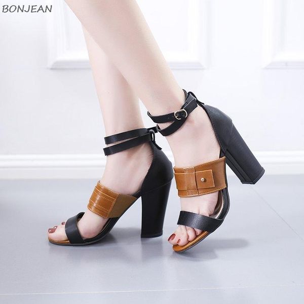 

sandals summer women slippers fashion mixed color ankle buckle strap ladies shoes thick heel peep toe party high, Black