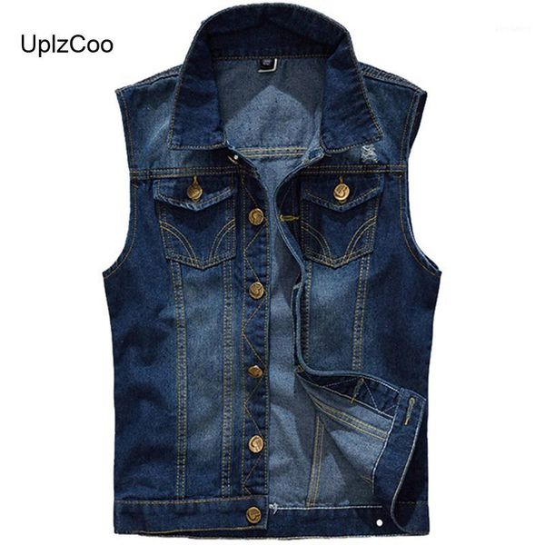 

uplzcoo new men jacket denim vest spring thin casual sleeve men's denim dark blue jacket slim fashion men's fm0761, Black;white