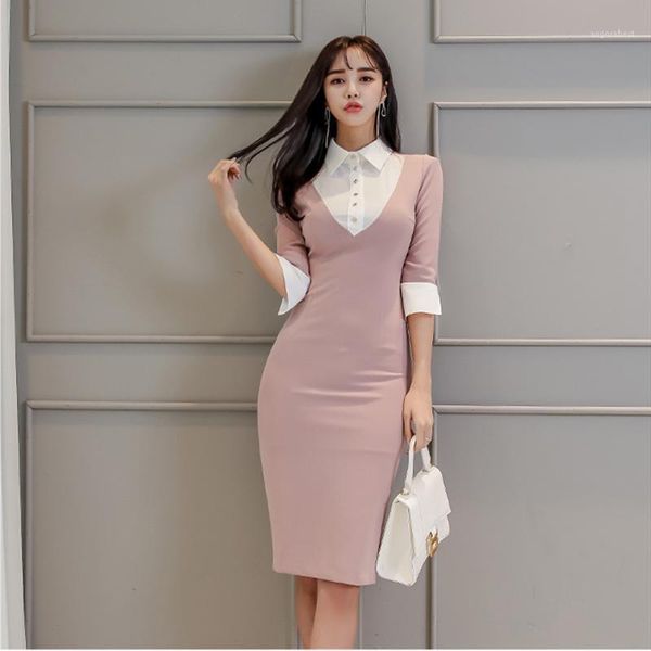 

spring new shirt dress women midi bodycon solid single breasted pencil office lady cloth work female vestidos1, Black;gray