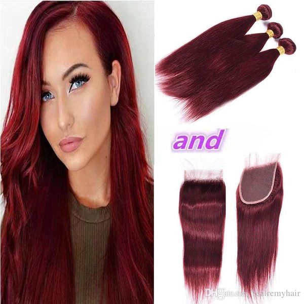 

wholesale brazilian burgundy 99# straight hair 3 bundles with closure colored brazilian red virgin human hair weave with closure, Black;brown